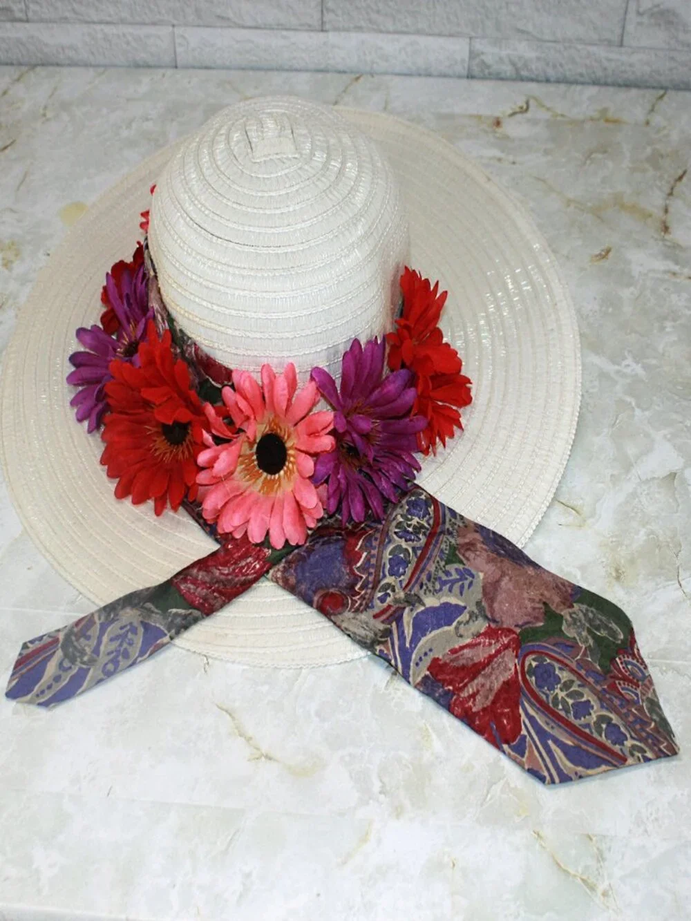 HAND CRAFTED Hat Upcycled Repurposed Silk Necktie Daisy White Derby Party Beach
